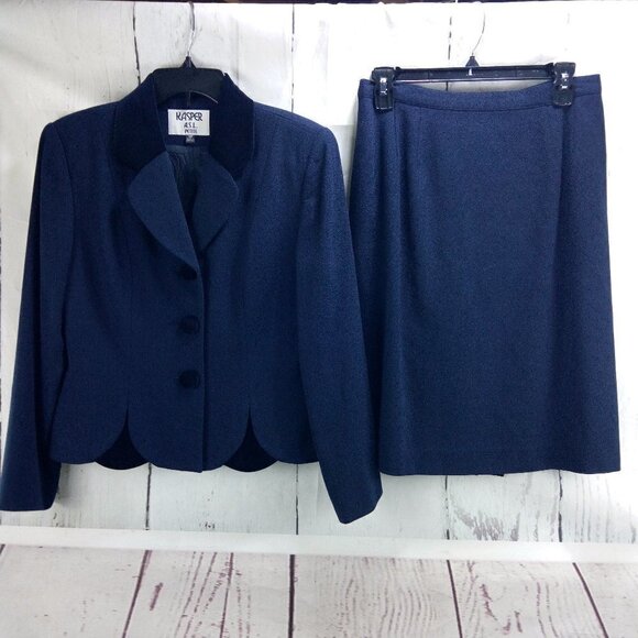 Kasper ASL Petite Womens Size 10P Wool 3 Button Blue 2pc Skirt Suit - Picture 1 of 15